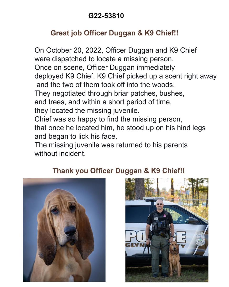 Officer Duggan and K-9 Chief located the boy in a nearby forest.