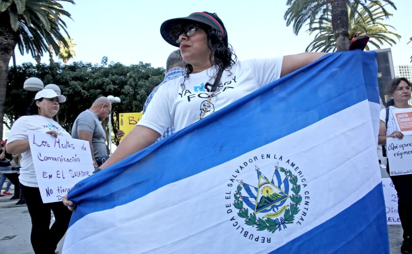 Salvadorian activist Marta Peinado holds an El Salvador flag at while protesting the IX Summit of the Americas.