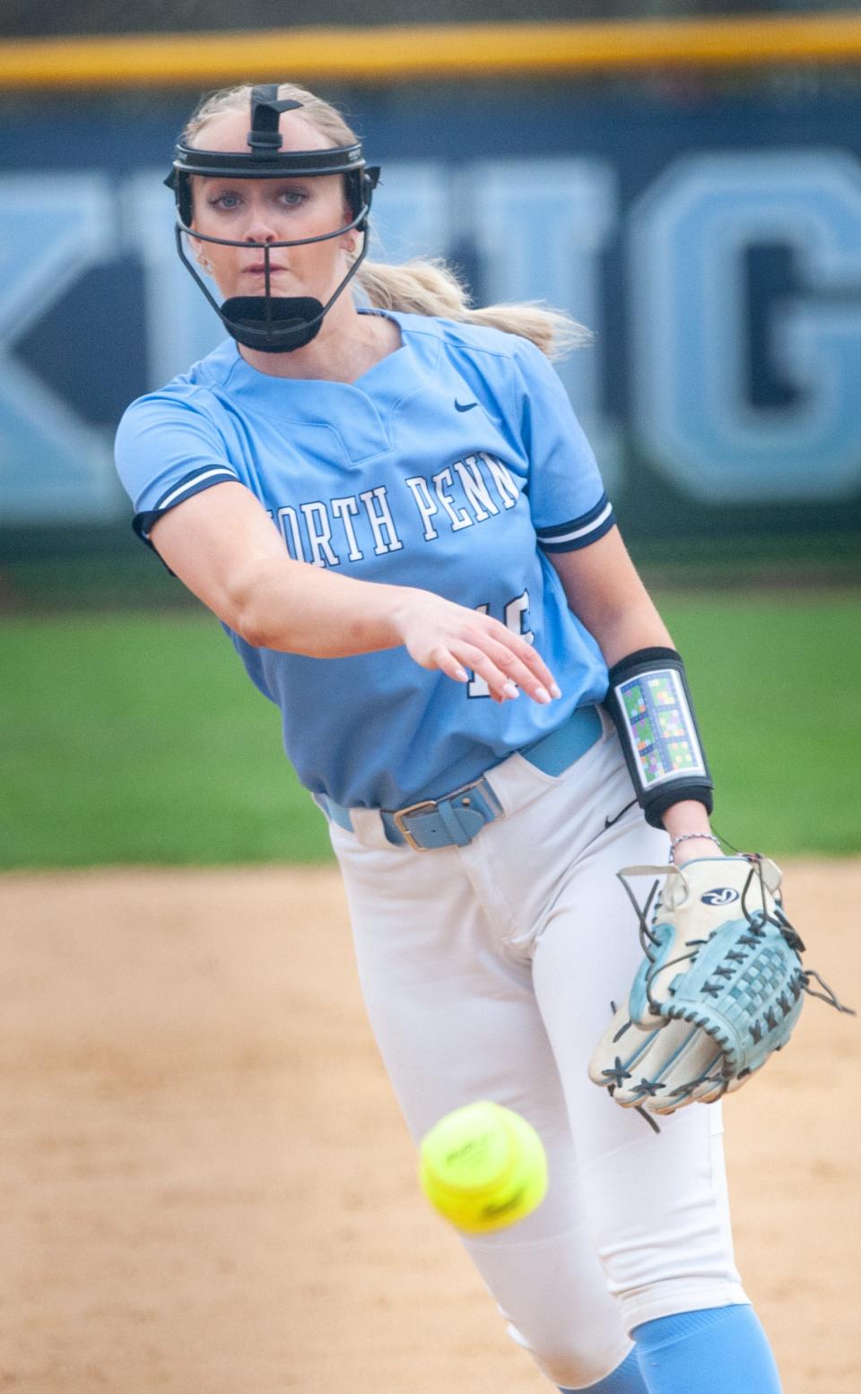 North Penn’s Bella Nunn #16 makes a pitch in the 3rd inning of the Pennsbury at North Penn girls softball game Thursday, April 11, 2024 at North Penn High School in Towamencin, Pennsylvania. North Penn defeated Pennsbury 9-2. (WILLIAM THOMAS CAIN/For The Courier Times)