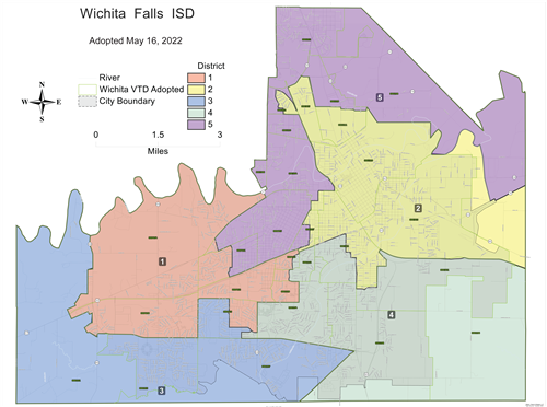 This map shows single-member districts for trustee positions on the Wichita Falls ISD School Board.