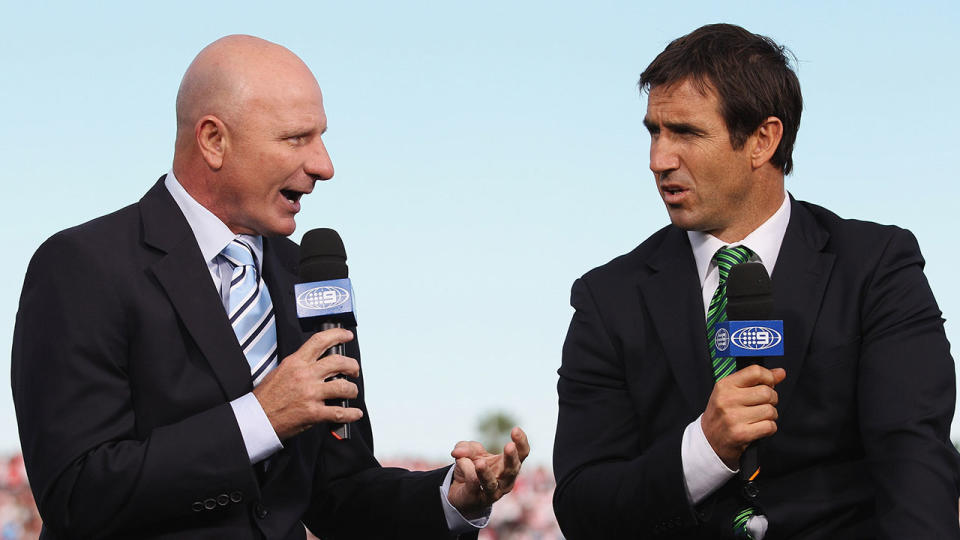 Seen here, Peter Sterling talking on air with Andrew Johns on Channel Nine's league coverage.