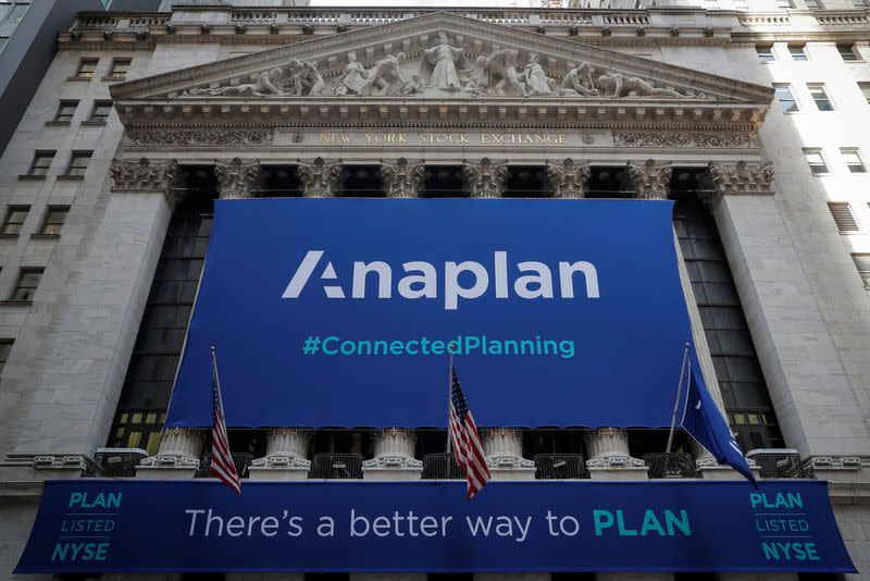 A banner for Anaplan, Inc. hangs on the facade of the NYSE to celebrate the company's IPO in New York