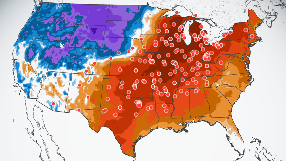 Temperature records could be broken from Texas to the Northeast Tuesday. Red dots indicate cities with records in jeopardy. Orange and red shading indicate above average temperatures. Blue and purple shading indicate below average temperatures. - CNN Weather