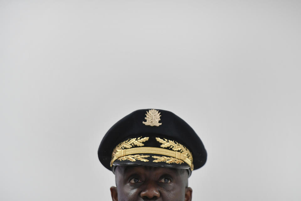 Haitian's Police Director General Leon Charles attends a news conference at police headquarters, in Port-au-Prince, Haiti, Thursday, July 15, 2021. Charles denied a report from Caracol News, a Colombian-based private TV station, that interim Prime Minister Claude Joseph was the mastermind behind the July 7th assassination of President Jovenel Moise. (AP Photo/Matias Delacroix)