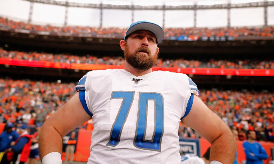 Dec 22, 2019; Denver, Colorado, USA; Detroit Lions offensive tackle Dan Skipper (70) before the game against the Denver Broncos at Empower Field at Mile High. Mandatory Credit: Isaiah J. Downing-USA TODAY Sports