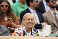 Tennis legend Martina Navratilova sits in the Royal Box ahead of the final of the women's singles between the Czech Republic's Marketa Vondrousova and Tunisia's Ons Jabeur on day thirteen of the Wimbledon tennis championships in London, Saturday, July 15, 2023. (AP Photo/Alberto Pezzali)