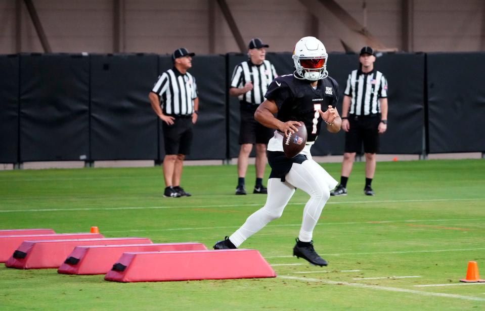 Aug 9, 2022; Glendale, Arizona, USA; Arizona Cardinals quarterback Kyler Murray (1) during training camp at State Farm Stadium.