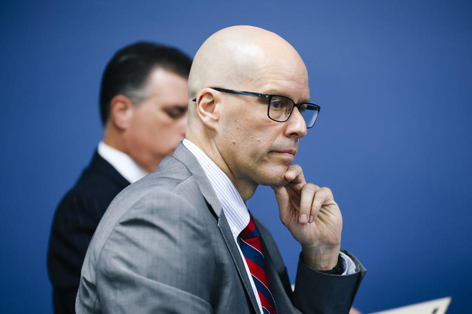 Deputy Chief of Las Vegas Metropolitan Police Department investigation Services Division James LaRochelle attends a State of Nevada Athletic Commission meeting held to discuss the Nevada Attorney General's investigation findings regarding the death of UNLV student Nathan Valencia, Tuesday, Aug. 23, 2022. (Wade Vandervort/Las Vegas Sun via AP)