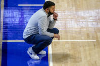 Pittsburgh head coach Jeff Capel watches as his team plays against Syracuse during the first half of an NCAA college basketball game, Saturday, Jan. 16, 2021, in Pittsburgh. Pittsburgh won 96-76. (AP Photo/Keith Srakocic)