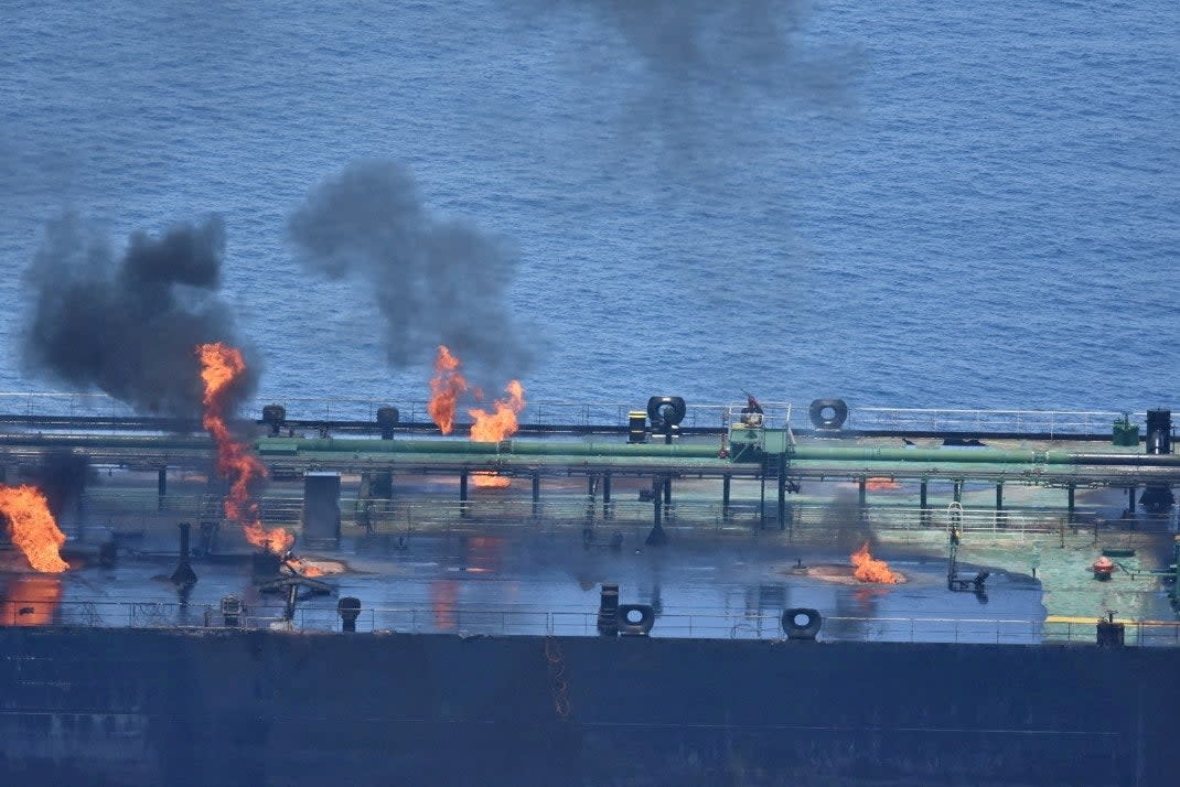 Flames and smoke rise from the Greek-flagged oil tanker Sounion, which has been on fire since 23 August 2024 (Reuters)