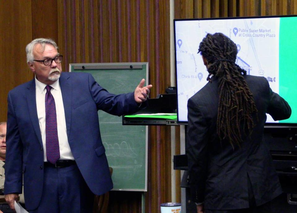 Prosecutor Lewis Lamb, left, looks on as Christian Desean Patrick testifies Friday afternoon during the trial of Jordan Jamal Seldon, 24. Seldon is on trial for murder, aggravated assault and using a gun to commit a crime in the fatal shooting of Jaylin Jaquan “Bart” Williams. 07/28/2023