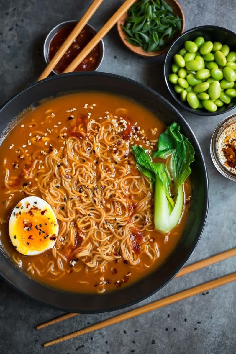 Spicy ramen with bok choy and soft boiled egg