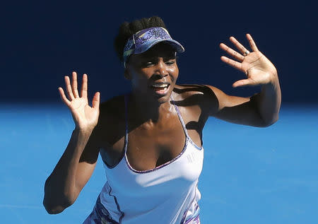 Tennis - Australian Open - Melbourne Park, Melbourne, Australia - 26/1/17 Venus Williams of the U.S. celebrates winning her Women's singles semi-final match against Coco Vandeweghe of the U.S. .REUTERS/Jason Reed