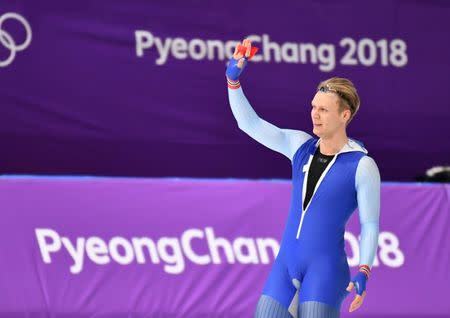 Feb 19, 2018; Pyeongchang, South Korea; Havard Lorentzen (NOR) celebrates during the men's speedskating 500m during the Pyeongchang 2018 Olympic Winter Games at Gangneung Ice Arena. Mandatory Credit: Robert Hanashiro-USA TODAY Sports