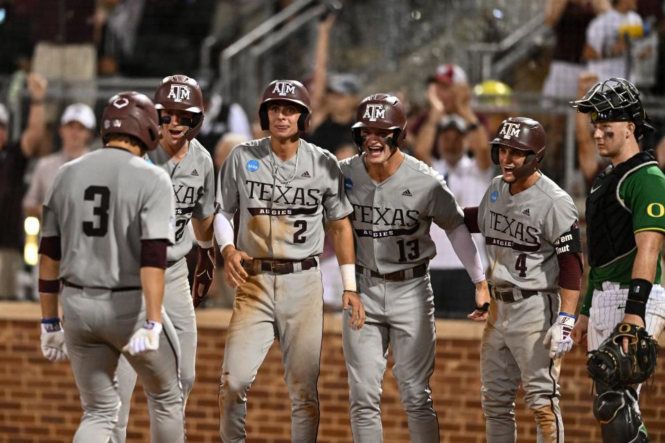 Jun 9, 2024; College Station, TX, USA; Texas A&M infielder Kaeden Kent (3) hits a grand slam in the top of the seventh inning against Oregon at Olsen Field, Blue Bell Park Mandatory Credit: Maria Lysaker-USA TODAY Sports