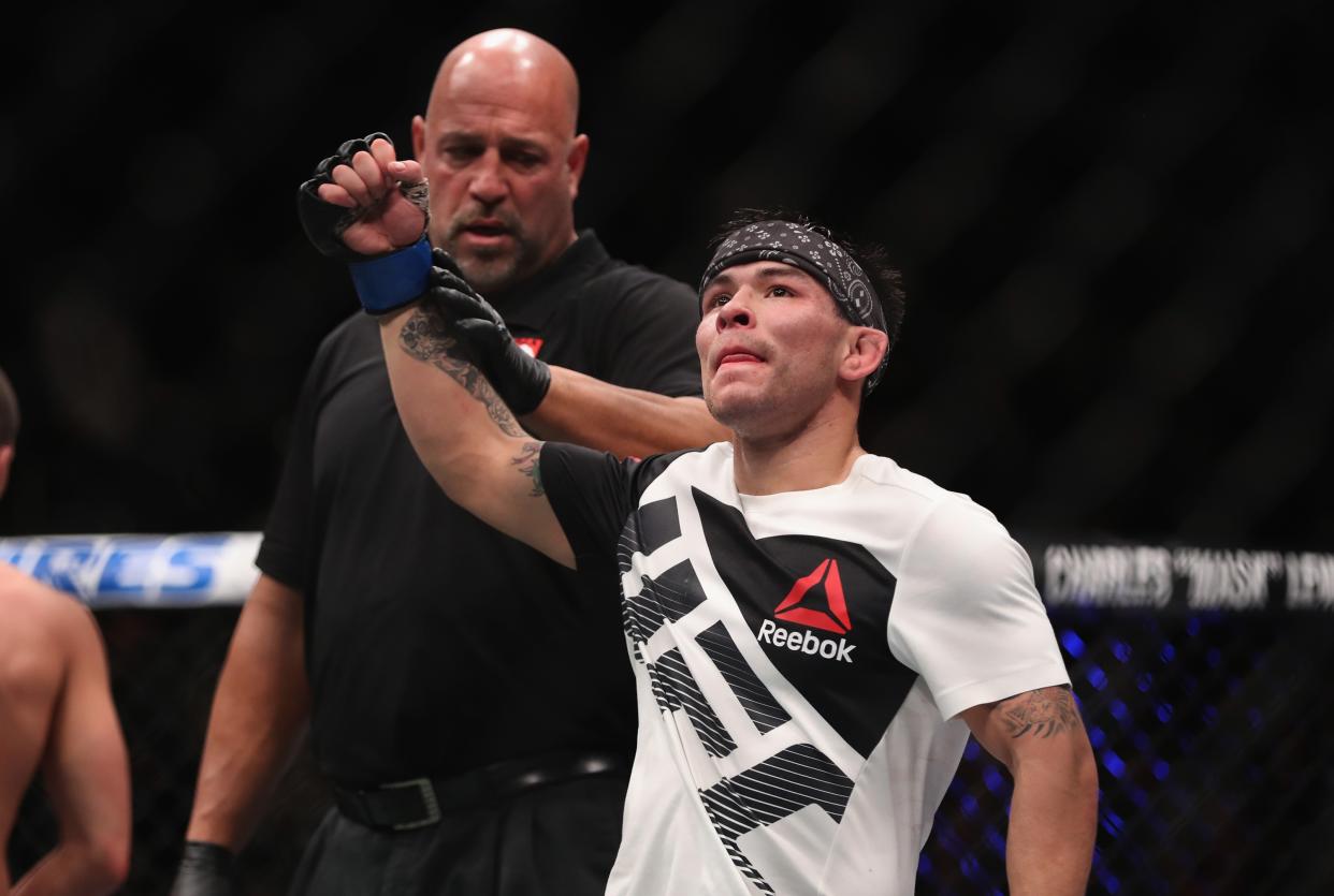 Ray Borg reacts to his victory over Louis Smolka in their flyweight bout during UFC 207 on Dec. 30, 2016, in Las Vegas. (Photo by Christian Petersen/Getty Images)