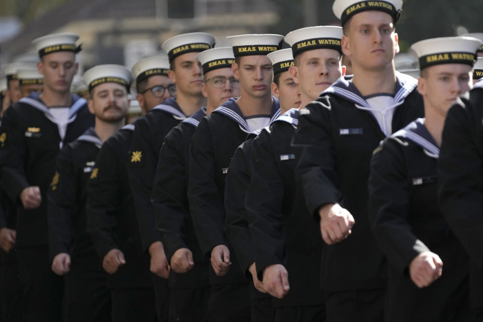 Sailors from HMAS Watson march in the Anzac Day parade in Sydney, Tuesday, April 25, 2023. (AP Photo/Rick Rycroft)