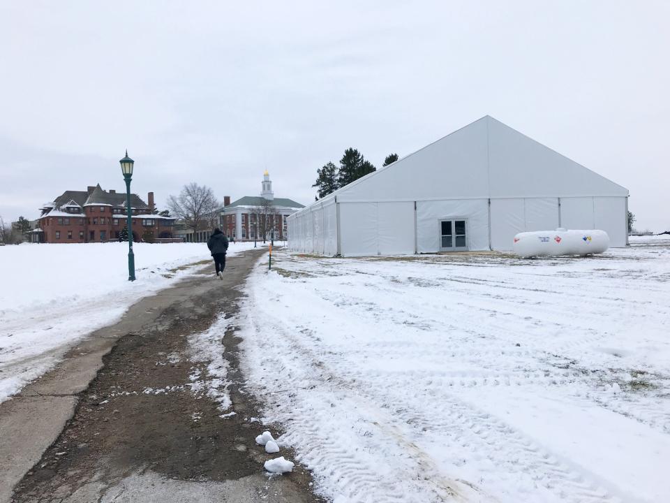 A tent erected this semester dominates the University of Vermont's Redstone Campus quad Jan. 11. The structure covers approximately 3,750 feet to provide an auxiliary space for socially distanced activities.