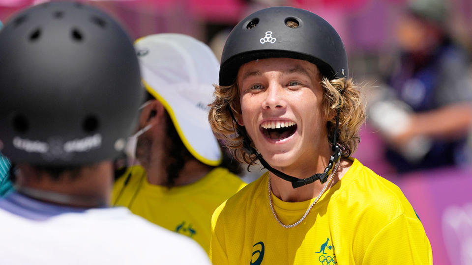 Seen here, Keegan Palmer celebrates after claiming gold in the men's park skateboarding.