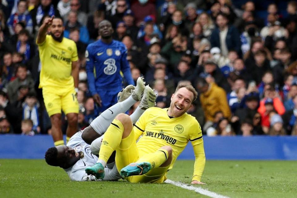 A happy Christian Eriksen after scoring Brentford’s second goal in their 4-1 away win over Chelsea.