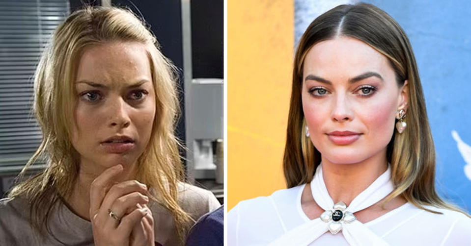 L: Margot Robbie as Donna on Neighbours, looking concerned. R: Margot Robbie poses at a red carpet event wearing a white top and gold earrings