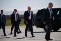 President Donald Trump walks to Air Force One after meeting troops at Joint Base Elmendorf-Richardson for a refueling stop en route to Japan for a four-day state visit, Friday, May 24, 2019, in Anchorage. (AP Photo/Evan Vucci)