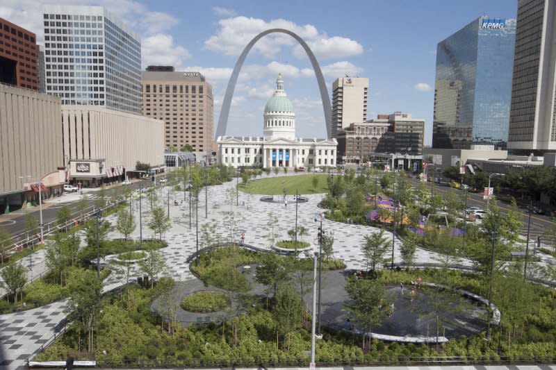 The newly refurbished Kiener Plaza officially reopened on May 19 with a ribbon-cutting celebration in St. Louis. On February 15, 1764, the city of St. Louis was founded along the Mississippi River. File Photo by Bill Greenblatt/UPI