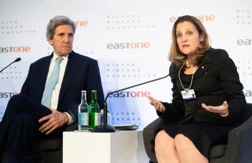 Former US secretary of state John Kerry with Canadian Foreign Minister Chrystia Freeland at the 'Ukrainian Breakfast' event at the World Economic Forum