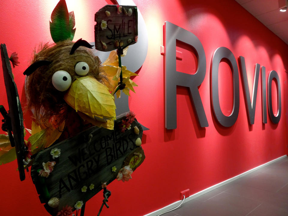 A company sign and an Angry Birds game character are seen at the Rovio headquarters in Espoo, Finland March 13, 2019. Picture taken March 13, 2019. REUTERS/Anne Kauranen - RC1705851C50