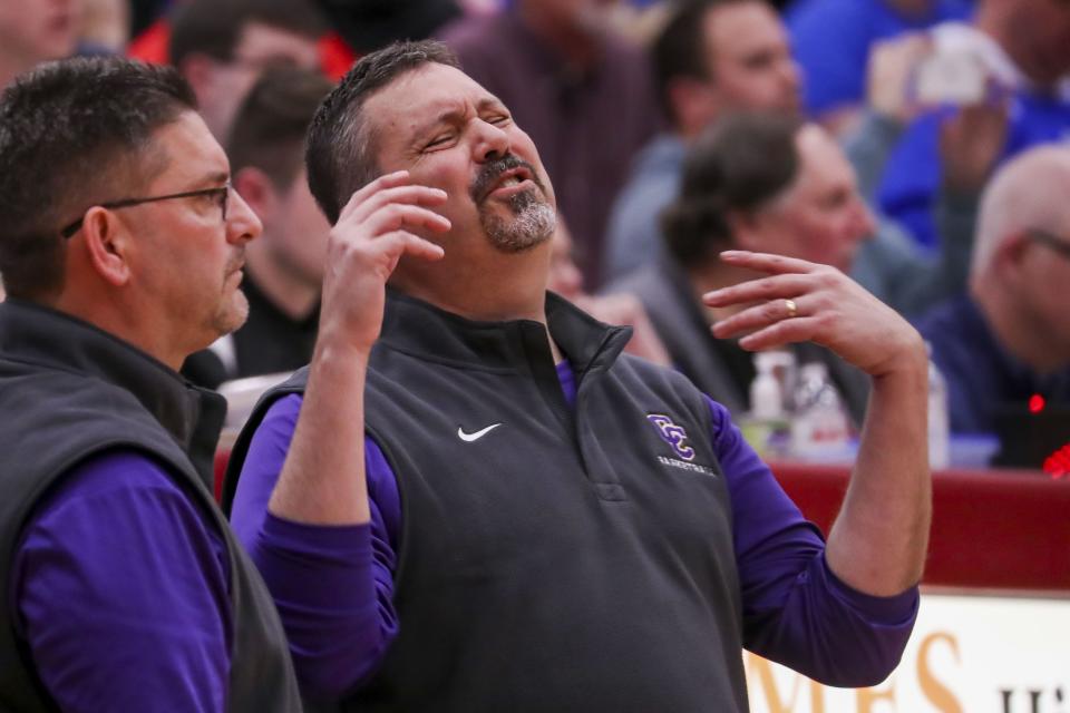 Campbell County head coach Aric Russell reacts during the first half against Bracken County at Holmes High School March 7, 2022.