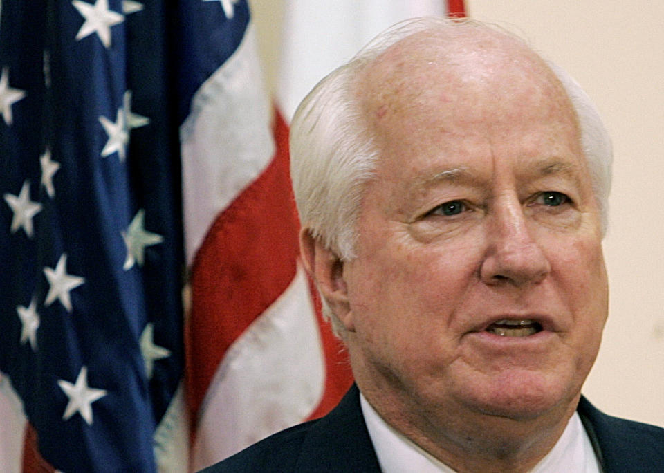 FILE - Rep. Jim Kolbe, R-Ariz, speaks during a press conference at the American University of Beirut, Lebanon on June 1, 2005. Kolbe, a Republican congressman who represented a heavily Democratic region of Arizona for more than two decades and was a proponent of gay rights, died Saturday, Dec. 3, 2022. He was 80. (AP Photo/Hussein Malla, File)