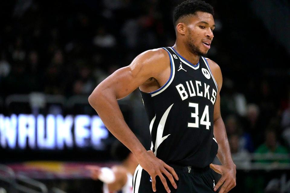 Milwaukee Bucks forward Giannis Antetokounmpo (34) during the first half of their game against the Detroit Pistons in Milwaukee, Wis., on Monday, Oct. 31, 2022.