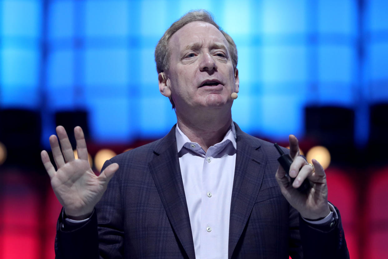 Microsofts President Brad Smith delivers a speech during the annual Web Summit technology conference in Lisbon, Portugal on November 6, 2019. (Photo by Pedro Fiúza/NurPhoto via Getty Images)