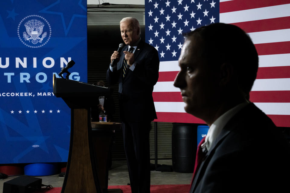 ACCOKEEK, MD - APRIL 19: President Joe Biden delivers remarks on the economy at an International Union of Operating Engineers Local 77 union training facility on April 19, 2023 in Accokeek, Maryland. Biden spoke on his plans to expand the economy and addressed Republican leadership's approach to raising the debt ceiling later this year. (Photo by Nathan Howard/Getty Images)