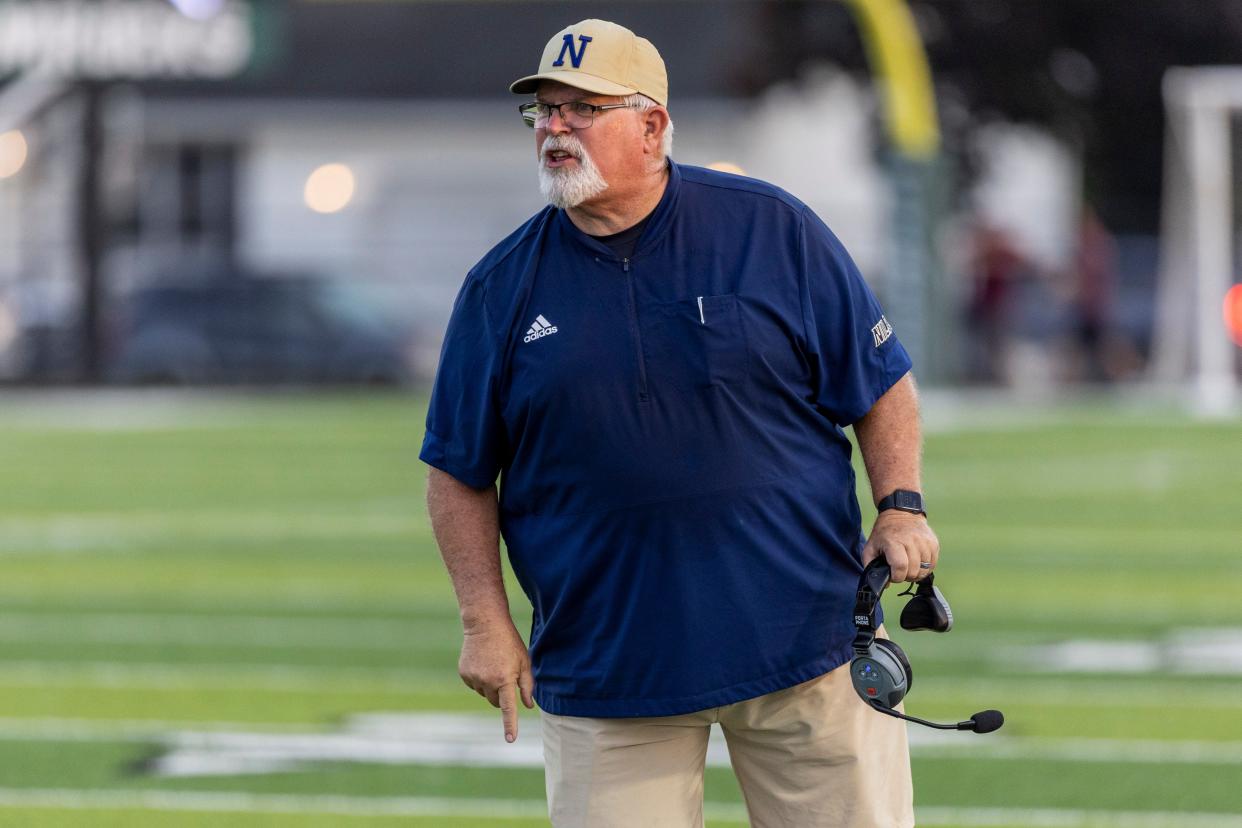 Niles head coach Scot Shaw on the sidelines during the Buchanan-Niles high school football game on Thursday, September 01, 2022, at Sylvester Stadium in Berrien Springs, Michigan.