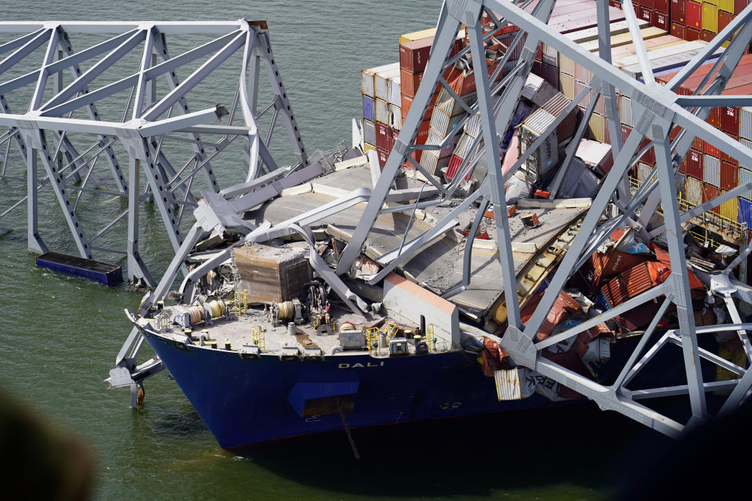 Aerial view of the Dali cargo vessel which crashed into the Francis Scott Key Bridge