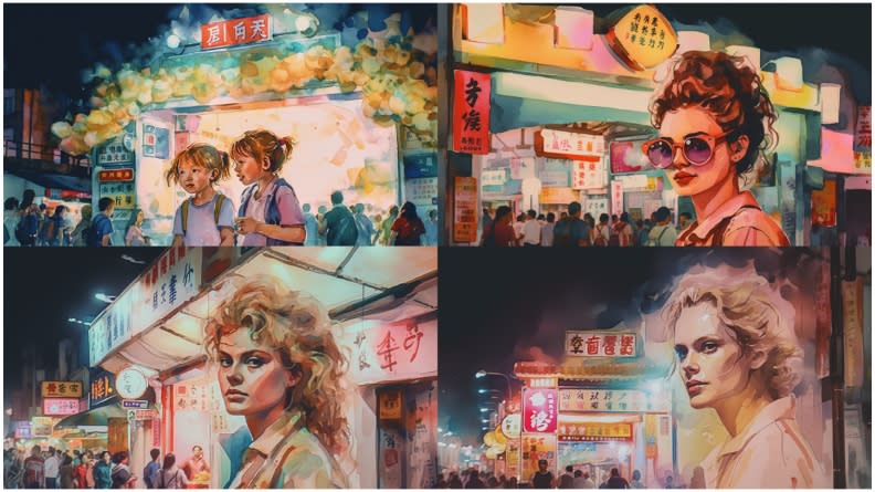 同樣以饒河街照片為基底，分別加上「Watercolor style, 1980s」「oil-panting style, modernism style」，就能產出截然不同的效果。利用Midjourney生成