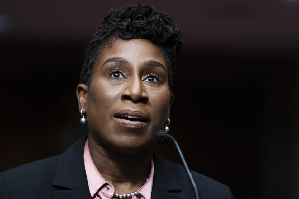 FILE - Candace Jackson-Akiwumi, nominee to be U.S. Circuit Judge for the Seventh Circuit, testifies before a Senate Judiciary Committee hearing on pending judicial nominations on Capitol Hill in Washington, April 28, 2021. (Tom Williams/Pool via AP, File)