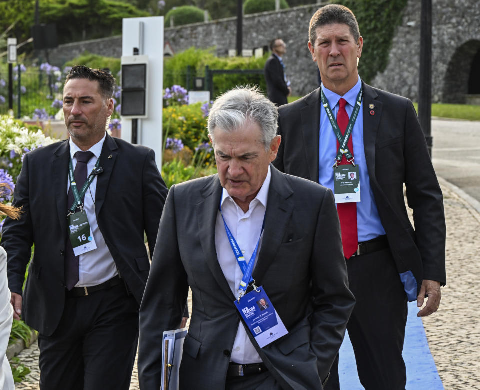 SINTRA, PORTUGAL - JUNE 27: Jerome Powell, Chair of the Federal Reserve of the United States, is followed by security guards while arriving to participate in the morning session during of the second day of the 2023 European Central Bank Forum on Central Banking on June 27, 2023, in Sintra, Portugal. The President of the European Central Bank Christine Lagarde stated in her opening speech that 