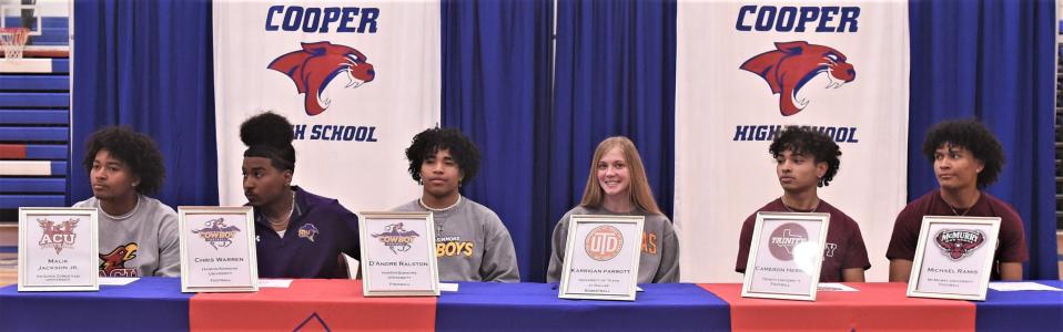 Six Cooper athletes were part of a signing ceremony Monday at Cougar Gym. From left to right, are Malik Jackson (Arizona Christian), Chris Warren (Hardin-Simmons), D'Andre Ralson (HSU) Karrigan Parrott (Texas-Dallas), Cameron Herron (Trinity) and Michael Ramis (McMurry). All but Parrott will play football. She will play basketball at UTD.