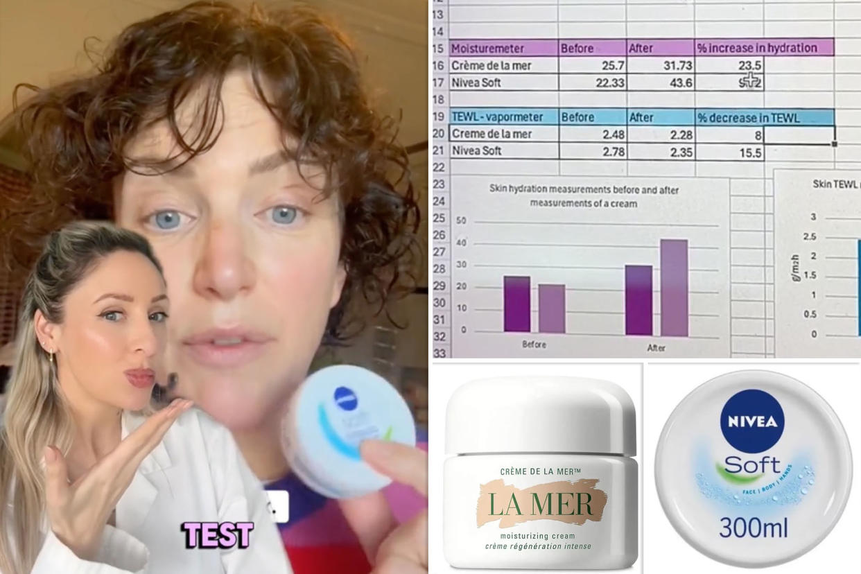 (Left) A screenshot from Cosmetic Chemist Carley Musleh. (Top Right) screenshot of Musleh's results. (Bottom right) Crème de la Mer and Nivea Soft.