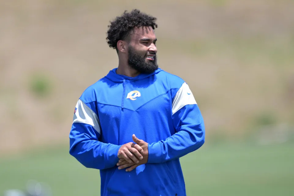 May 28, 2024; Thousand Oaks, CA, USA;  Los Angeles Rams running back Kyren Williams (23) looks on during OTAs at California Lutheran University. Mandatory Credit: Jayne Kamin-Oncea-USA TODAY Sports