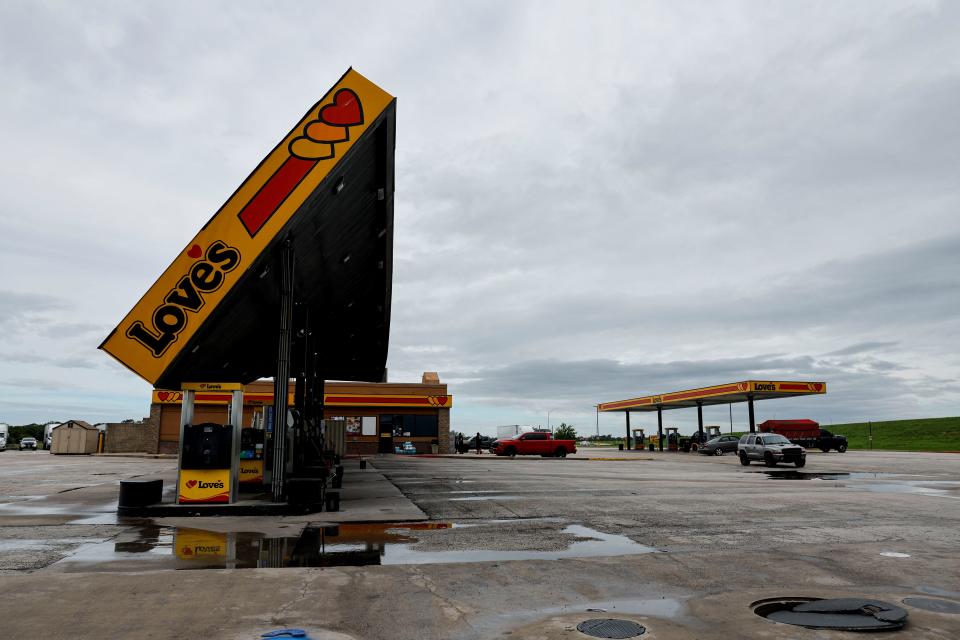 A view shows the damaged roof of a gas station, in the aftermath of Hurricane Beryl, in Edna, Texas, July 8, 2024.