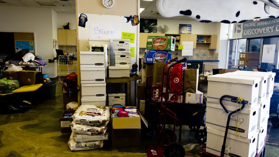 Inside the Pacific Whale Foundation classroom being utilized as a donation warehouse, as donations continue to come in. - Paul Murphy/CNN