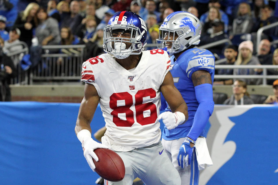 New York Giants wide receiver Darius Slayton (86) celebrates his touchdown during the first half of an NFL football game against the Detroit Lions in Detroit, Michigan USA, on Sunday, October 27, 2019 (Photo by Jorge Lemus/NurPhoto via Getty Images)