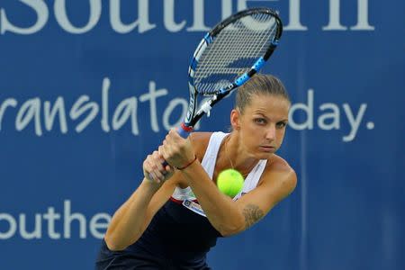 Aug 16, 2017; Mason, OH, USA; Karolína Pliskova (CZE) returns a shot against Natalia Vikhlyantseva (RUS) during the Western and Southern Open at the Lindner Family Tennis Center. Mandatory Credit: Aaron Doster-USA TODAY Sports