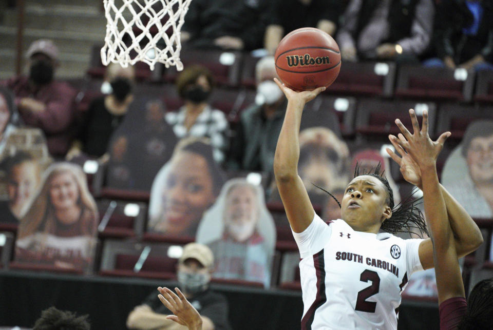 South Carolina guard Eniya Russell (2) attempts a shot during the first half of an NCAA college basketball game against Charleston, Wednesday, Nov. 25, 2020, in Columbia, S.C. (AP Photo/Sean Rayford)