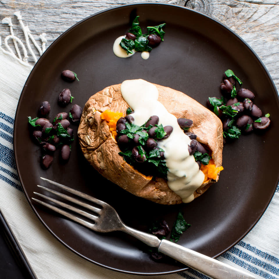 Stuffed Sweet Potato with Hummus Dressing