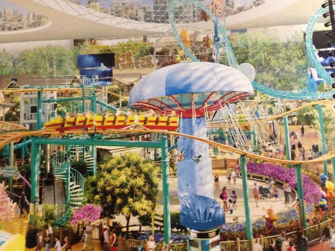 An artist’s rendering of the proposed American Dream Miami shopping theme park proposed for northwestern Miami-Dade, a $4 billion attraction by the company behind Minnesota’s Mall of America. Pictured are a roller coaster, Ferris wheel, and other carnival rides within the near 200-acre complex.