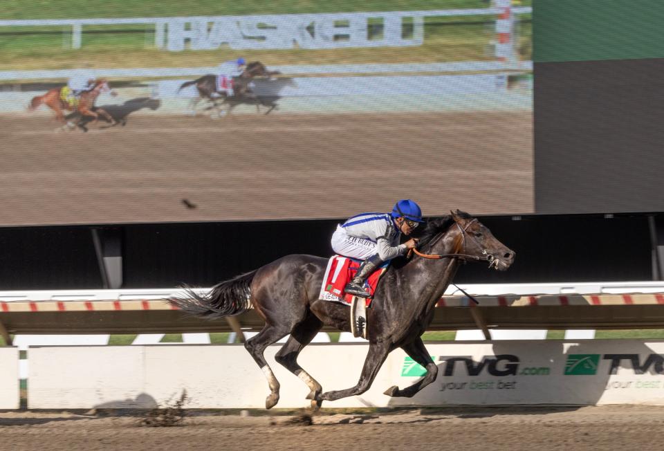 Beaux Rocket Ride ridden by Mike Smith wins the 2023 Haskell Stakes at Monmouth Park in Oceanport on July 22, 2023. 